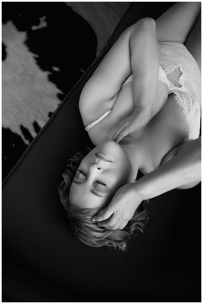 Black and white photo of Blond woman in her sixties at Boudoir Defined Photography Studio in Boise, Idaho 